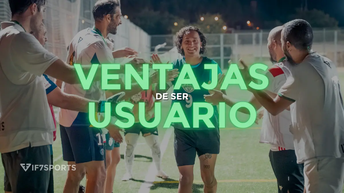 Texto "Ventajas de ser usuario" sobre un pasillo de jugadores